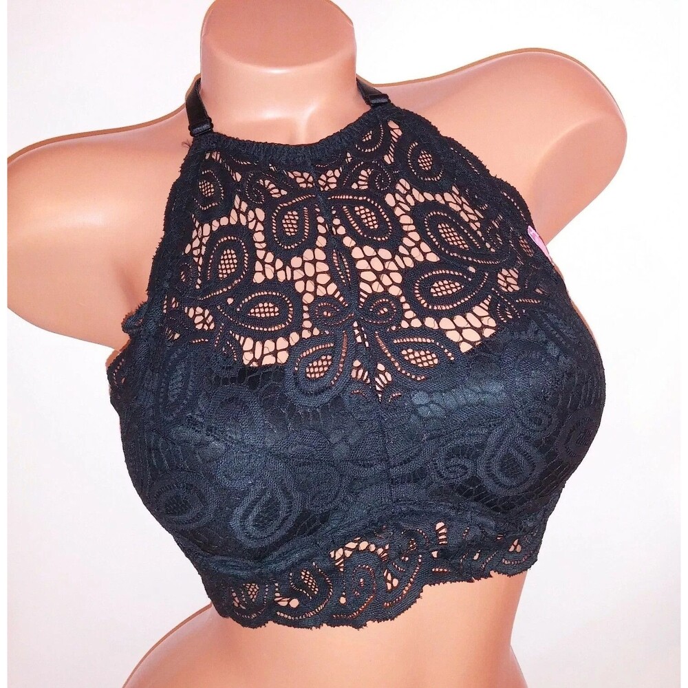 Victoria Secret PINK Bralette Bra Large Push Up High Neck Halter Lace Crop Black